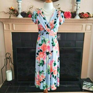 Vince Camuto Midi Dress 8 Blue Floral Knit A-Line  Short Sleeves Ruching